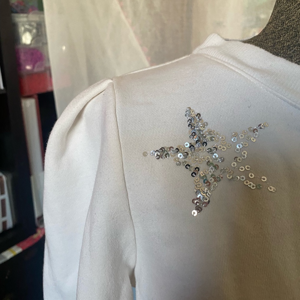 Talbots White Puff Shoulder sweatshirt Top Silver Sequin Stars  Petite Large
